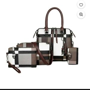 Elegant Checkered Satchel Set - Black, White, Brown 4 Pcs Set Bag